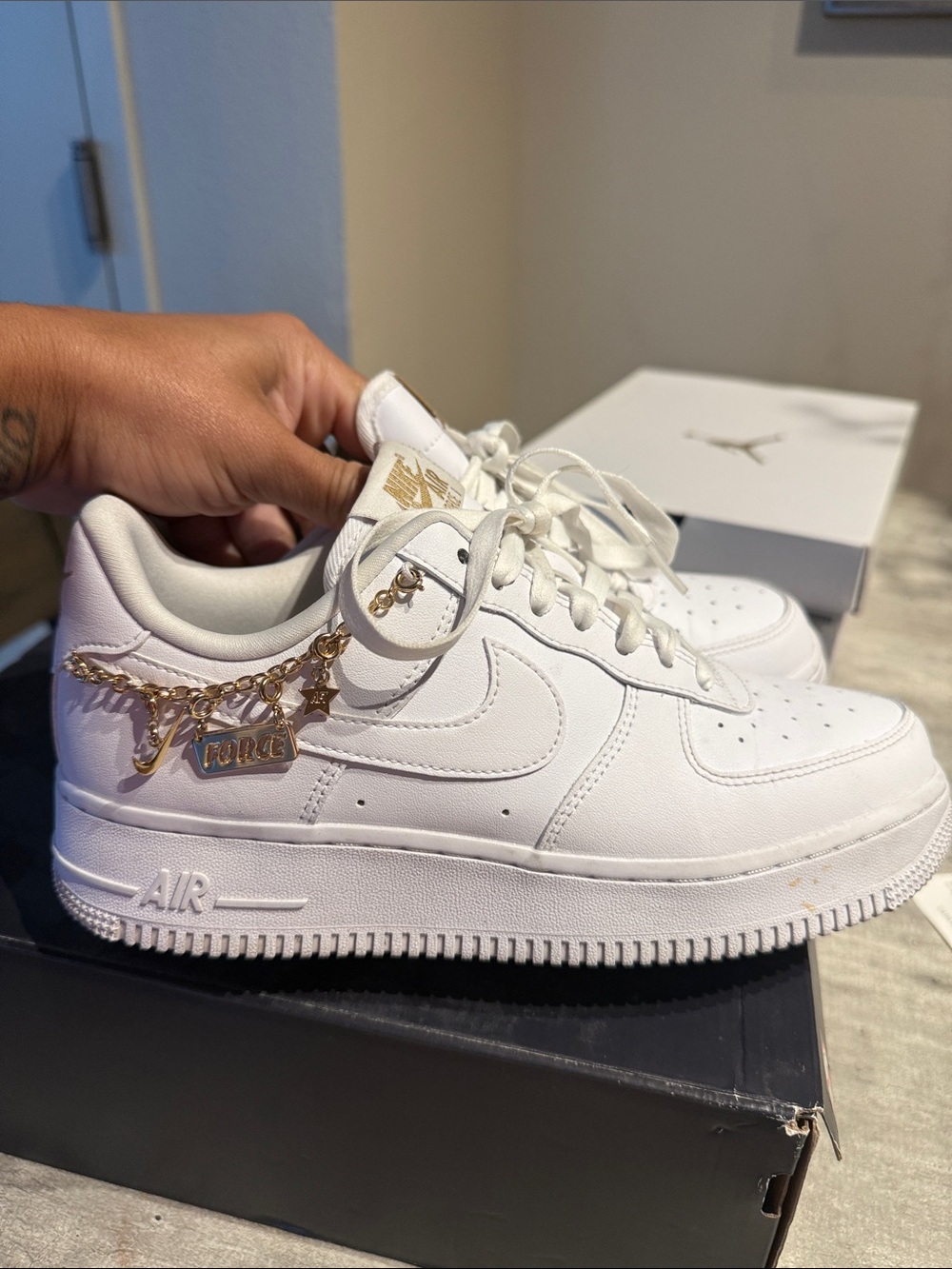 Nike Women's White Air Force 1 ‘07 LX with Gold Charm Chain